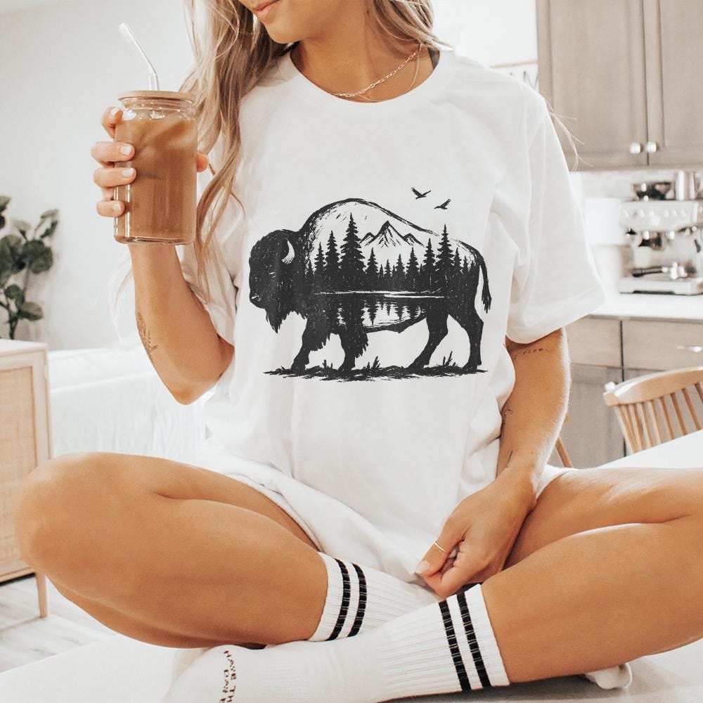 Bison Double Exposure PNG, Nature Mountain Forest Wildlife Rustic - 300