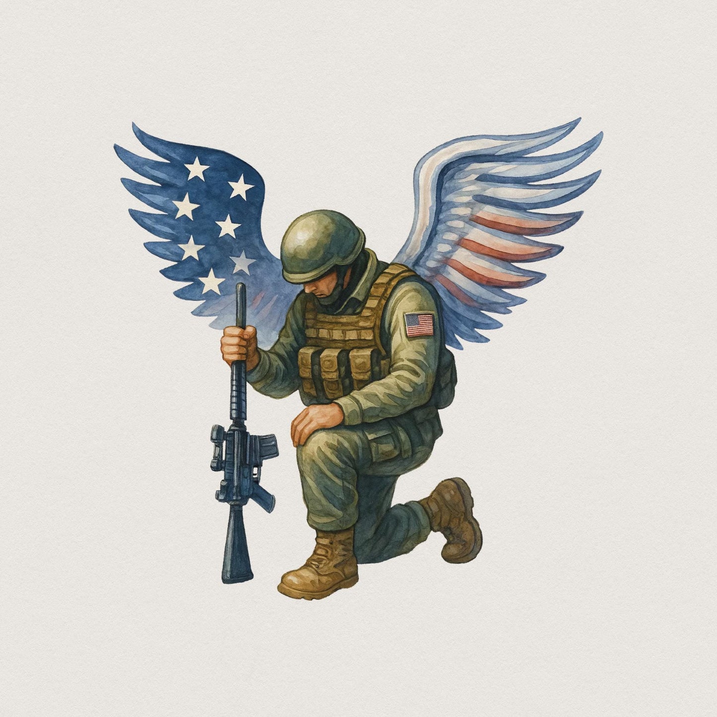 American Soldier Angel Man Praying PNG, USA Flag - 300 DPI Design for
