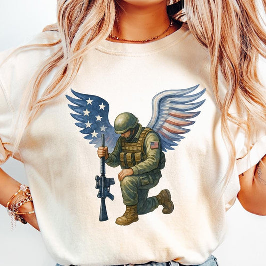 American Soldier Angel Man Praying PNG, USA Flag - 300 DPI Design for