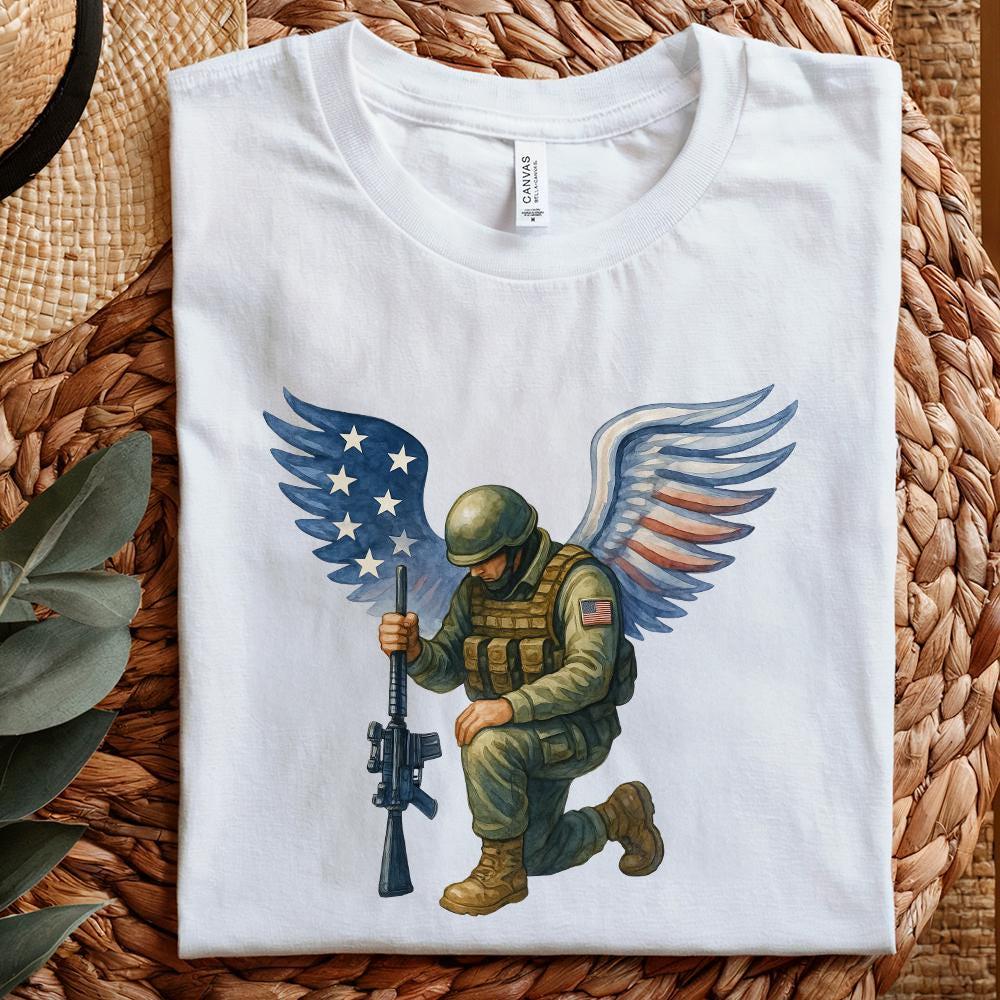 American Soldier Angel Man Praying PNG, USA Flag - 300 DPI Design for