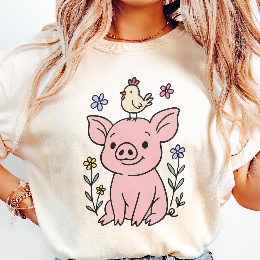 Adorable Pig and Chick PNG, Funny Vintage Farm Clipart - 300 DPI Design