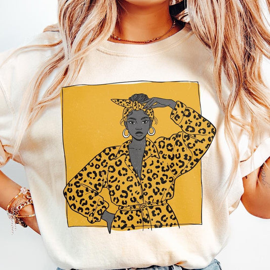 Bold Leopard Print Fashion Woman PNG, Empowered Afro Woman Illustration -