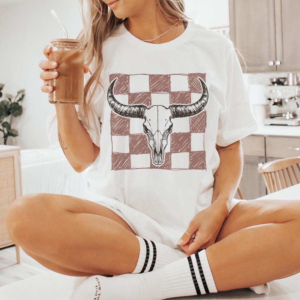 Checkered Longhorn Skull PNG, Western Bull Skull - 300 DPI Design for