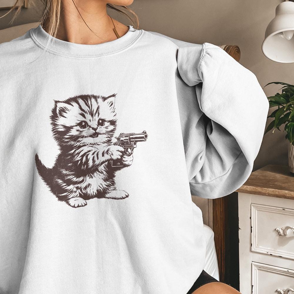 Killer Kitten PNG file for Print, Western Style Cute Cat with Guns