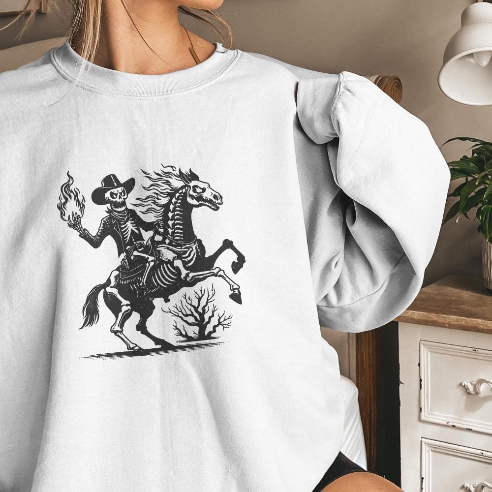 Skeleton Cowboy on Horse PNG, Western Gothic Art - 300 DPI Design for