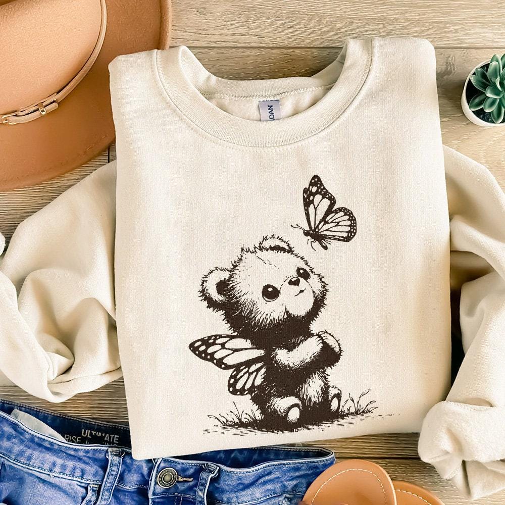 Adorable Grizzly Bear with Butterfly Wings PNG, Vintage Animal Sketch -