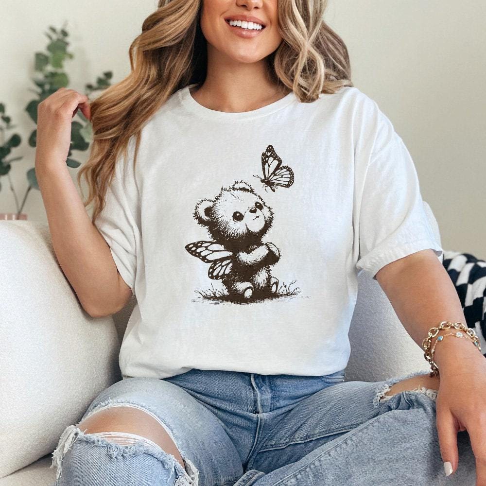 Adorable Grizzly Bear with Butterfly Wings PNG, Vintage Animal Sketch -