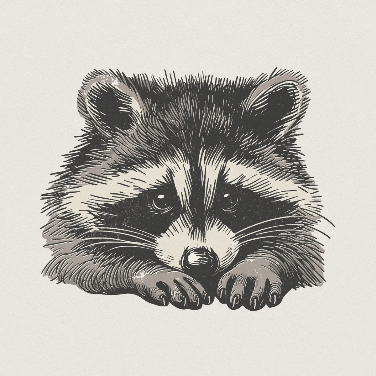 Hand-drawn raccoon PNG with a curious peek-a-boo pose, featuring detailed etched textures in black, grey, and cream for woodland apparel or stickers.
