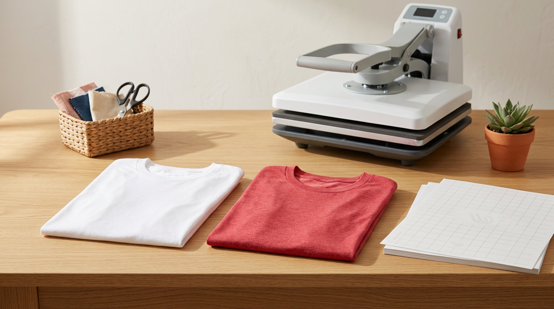 Blank white and red t-shirts on a crafting table with sublimation tools and subtle patriotic summer props.
