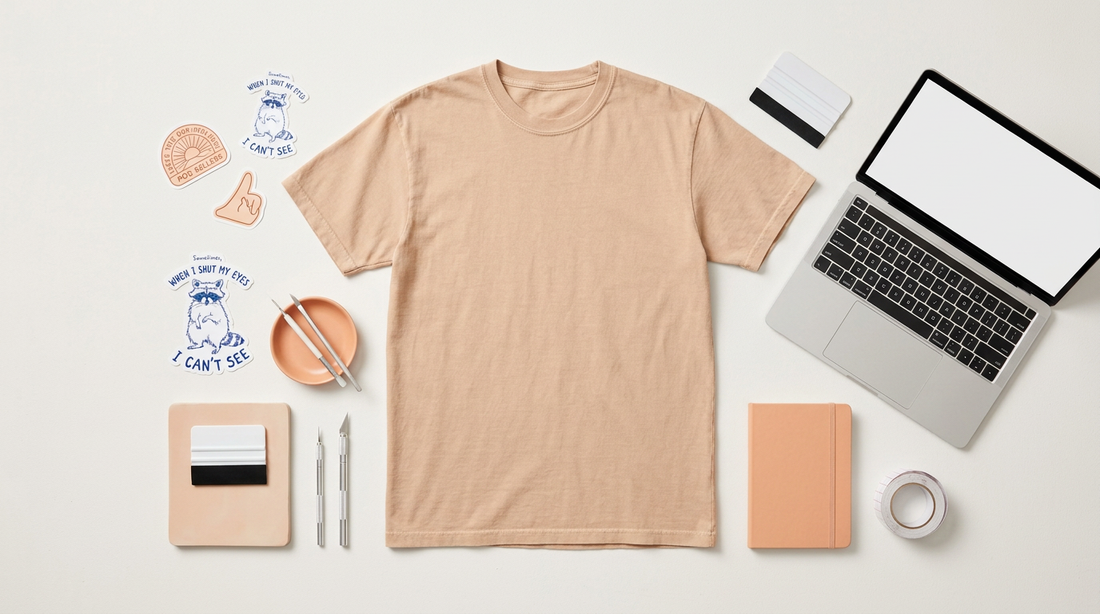A flat lay of a heavyweight comfort tee with a quirky absurdist humor design, surrounded by stickers and crafting tools.