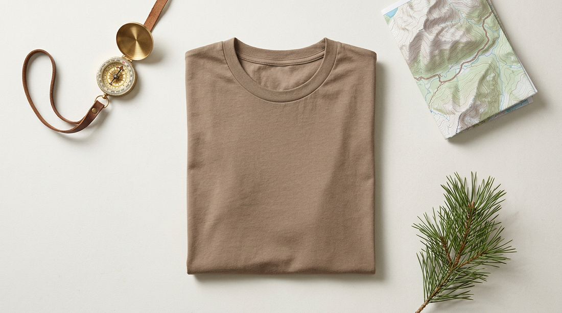 A flat lay of a blank earth-toned t-shirt surrounded by outdoor accessories like a compass and map.