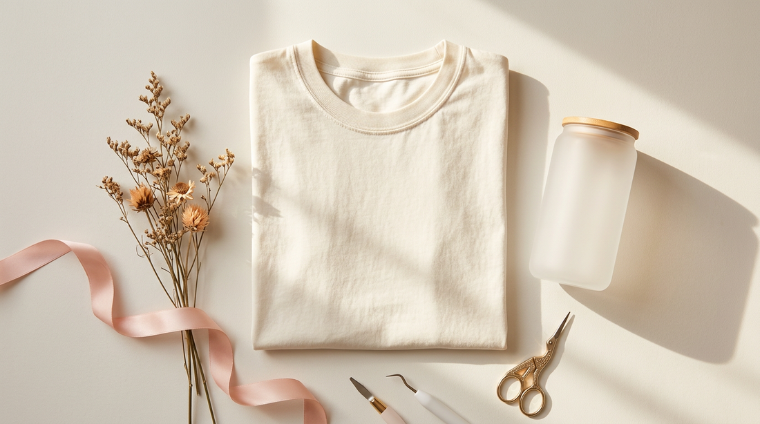 A cozy workspace featuring a blank neutral t-shirt, dried florals, and crafting tools for aesthetic Christian apparel.