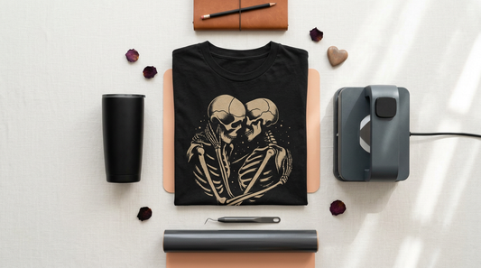 Flat lay of dark blank t-shirts and crafting supplies for alternative Valentine's Day projects