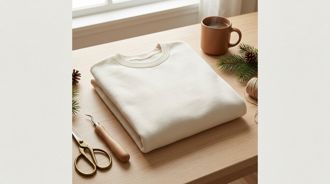 A cozy holiday workspace featuring a blank sweatshirt, festive props, and crafting tools for print on demand sellers.