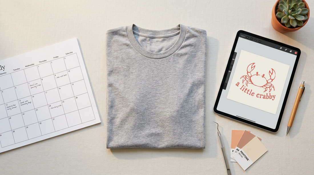 Flat lay of a POD seller workspace with a blank t-shirt, seasonal calendar, and crafting tools for apparel planning.