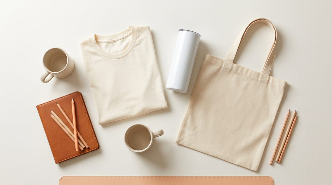 Flat lay of a blank t-shirt, canvas tote bag, and sublimation tumblers on a desk with back to school supplies.