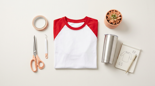 Flat lay of a blank raglan baseball shirt, sublimation tumblers, and crafting tools on a clean workspace.