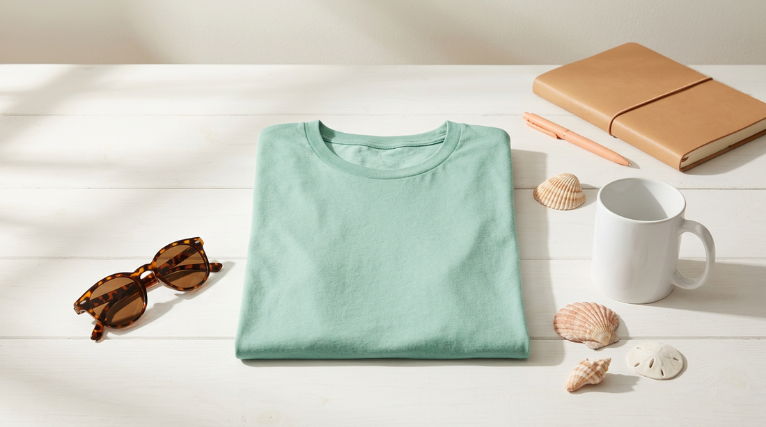 Blank summer t-shirts and crafting supplies arranged on a clean workspace with seashells and sunglasses.