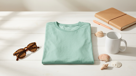 Blank summer t-shirts and crafting supplies arranged on a clean workspace with seashells and sunglasses.