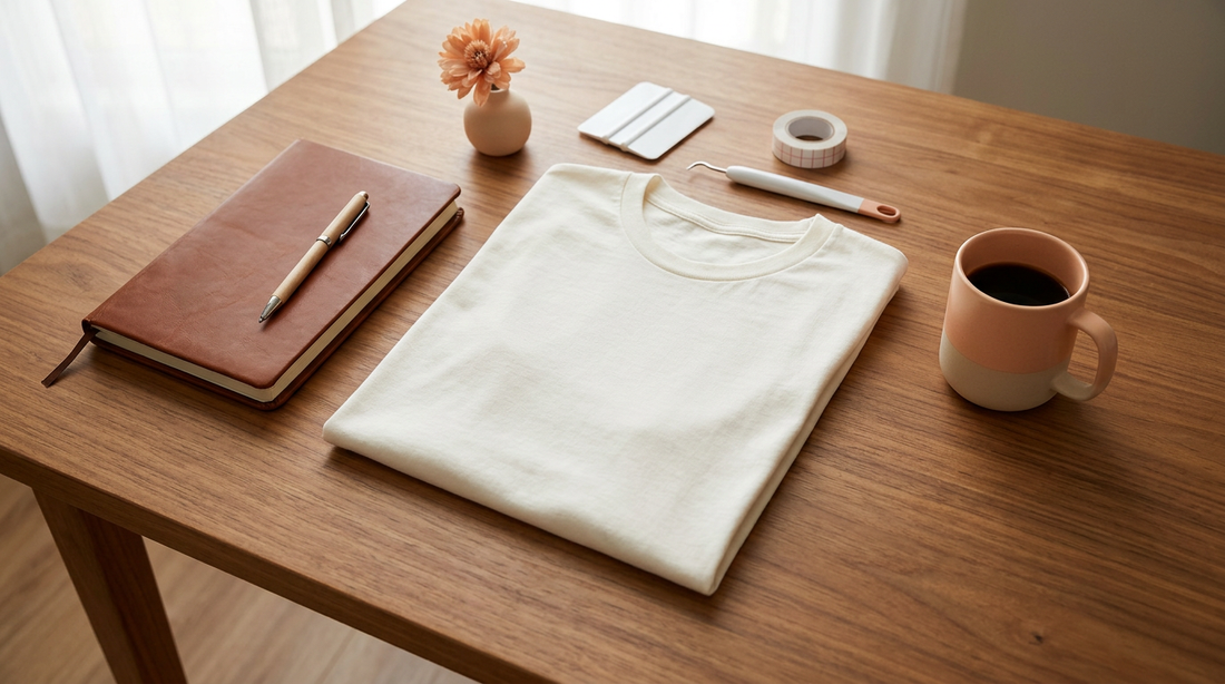 Workspace showing blank apparel and crafting tools for making Bible verse shirts.