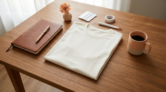 Workspace showing blank apparel and crafting tools for making Bible verse shirts.