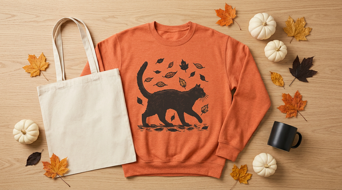 Blank heather orange sweatshirt and canvas tote bag with mini pumpkins and autumn leaves on a light oak table.