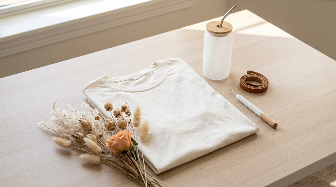 A flat lay of a garment-dyed t-shirt and a frosted glass can surrounded by boho western crafting supplies.