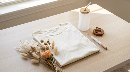 A flat lay of a garment-dyed t-shirt and a frosted glass can surrounded by boho western crafting supplies.