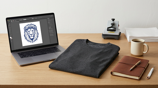 Editorial workspace with a folded dark heather grey men's t-shirt, print-on-demand tools, and subtle masculine props.