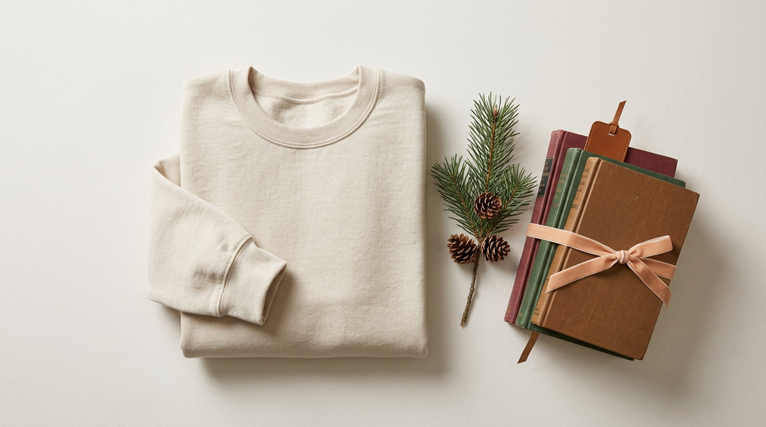 A cozy flat lay featuring a blank oatmeal sweatshirt, a stack of vintage books, and a sprig of winter pine