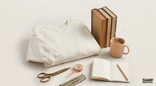 Cozy workspace with an oversized sweatshirt, a stack of vintage books, and a coffee mug for POD sellers.