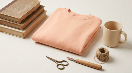 Cozy flat lay of blank apparel, vintage books, and crafting tools for Valentine's Day POD projects.