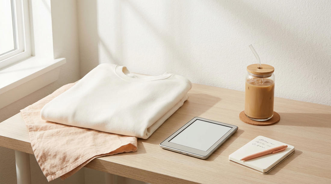 Cozy workspace featuring an oversized sweatshirt, an e-reader, and an iced coffee cup, styled for a bookish print-on-demand