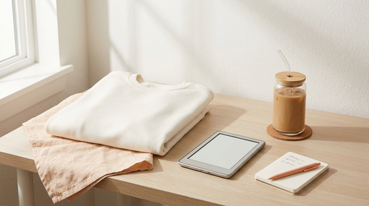Cozy workspace featuring an oversized sweatshirt, an e-reader, and an iced coffee cup, styled for a bookish print-on-demand