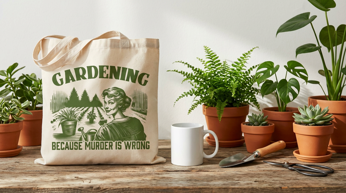 A blank canvas tote bag and a white ceramic mug on a rustic wooden table surrounded by fresh green houseplants and gardening
