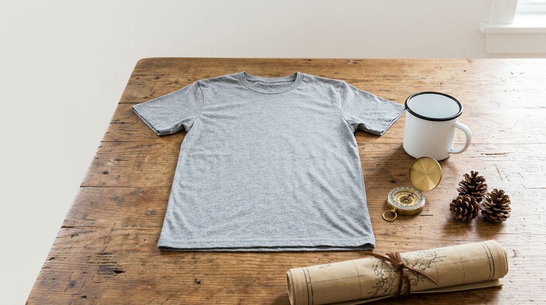 A rustic workspace with a blank t-shirt, enamel mug, and crafting tools for outdoor camping designs.