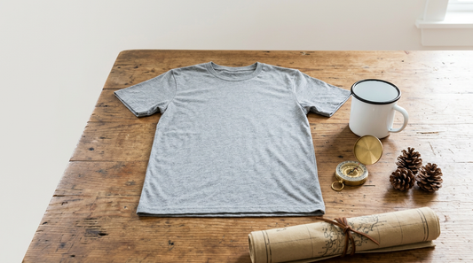 A rustic workspace with a blank t-shirt, enamel mug, and crafting tools for outdoor camping designs.