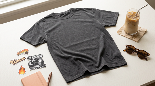 Flat lay of an oversized graphic tee with chaotic humor design elements and iced coffee.