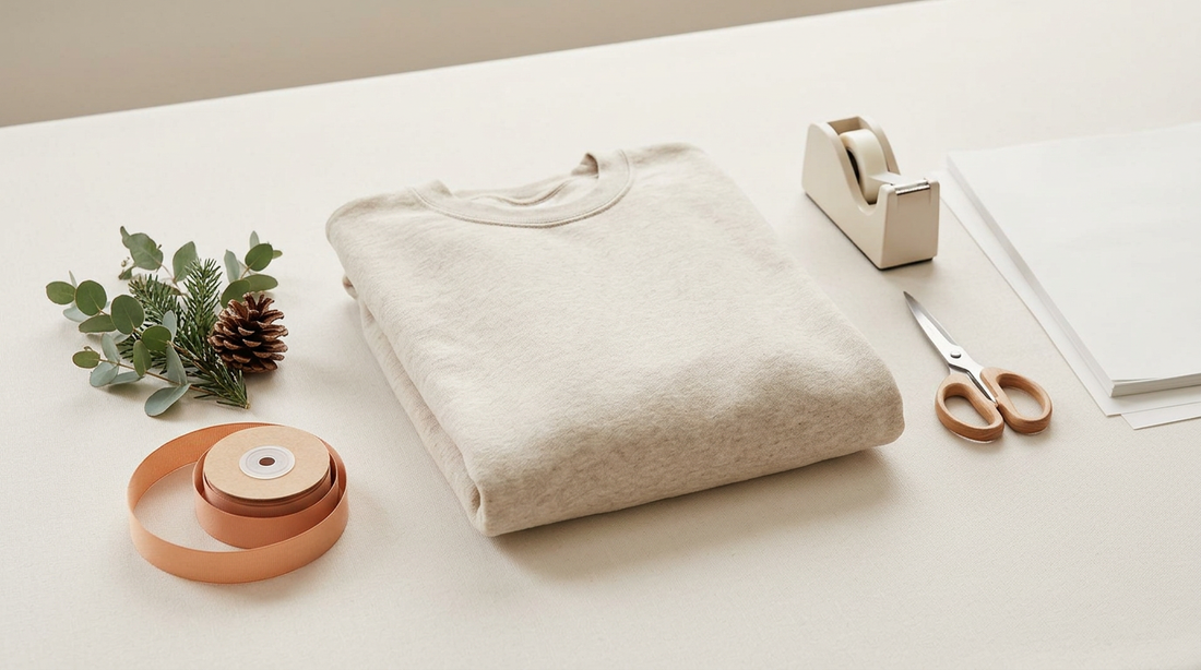 Cozy holiday workspace with blank apparel and crafting tools for Christian Christmas shirt production