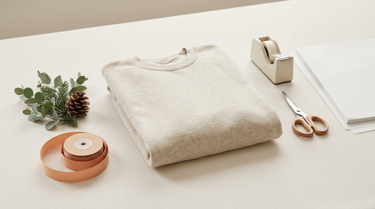 Cozy holiday workspace with blank apparel and crafting tools for Christian Christmas shirt production
