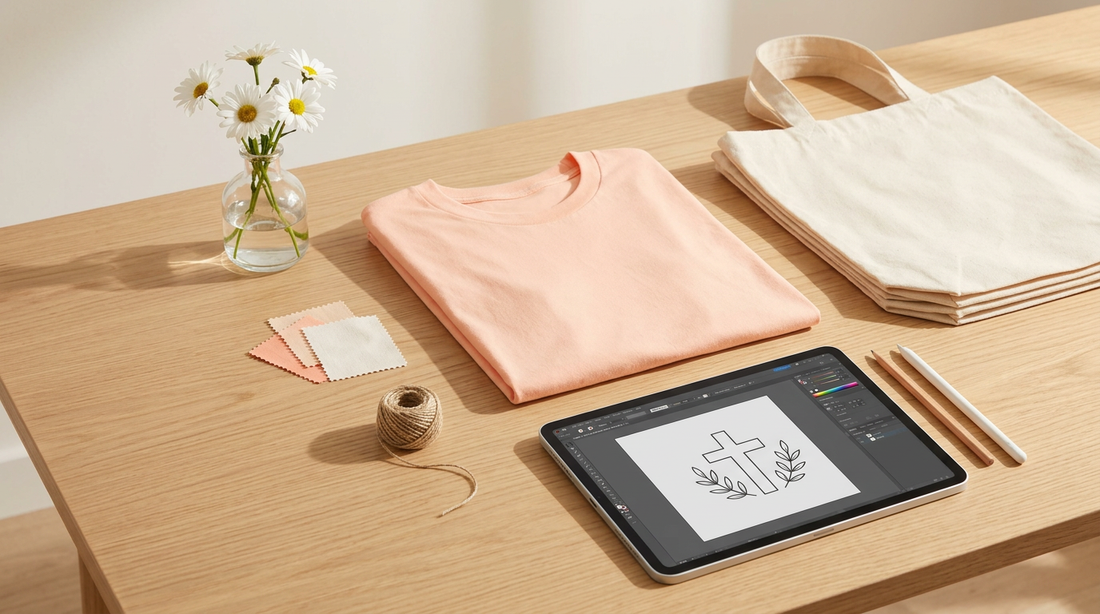 A clean workspace showing a blank pastel peach t-shirt and spring daisies for POD sellers.