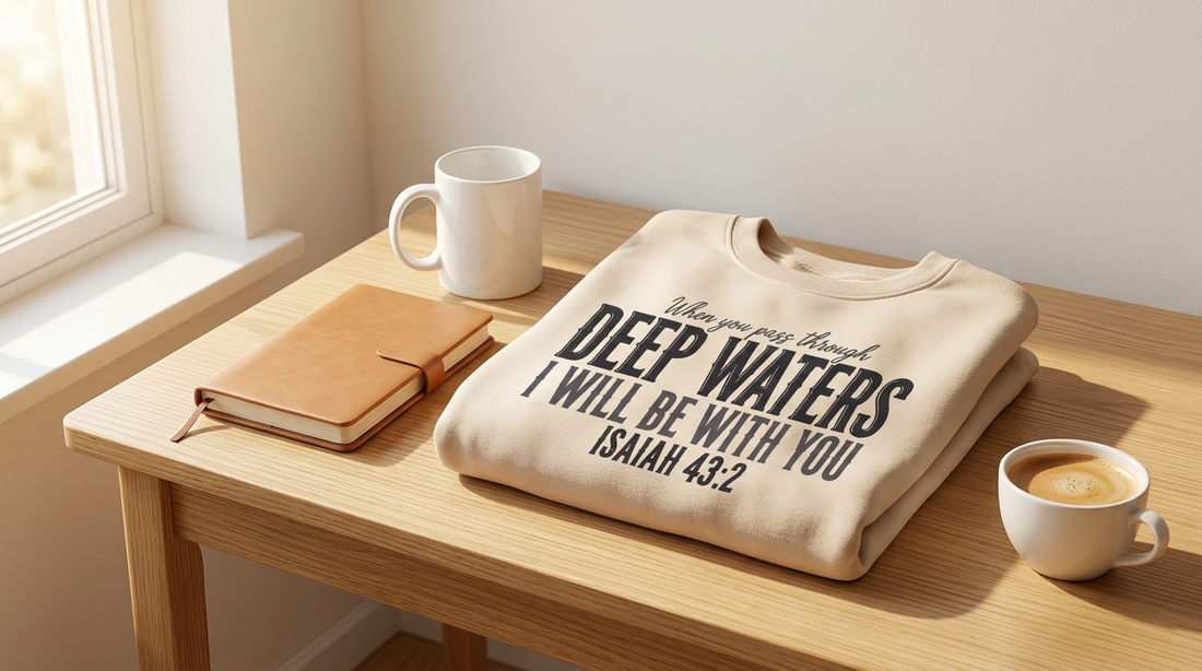 Cozy workspace with a folded beige sweatshirt and blank ceramic mug representing uplifting faith-based apparel.