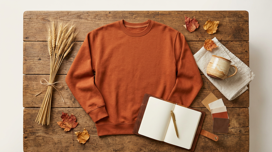 Blank autumn crewneck sweatshirt flat lay with fall props and a coffee mug for print on demand apparel planning.