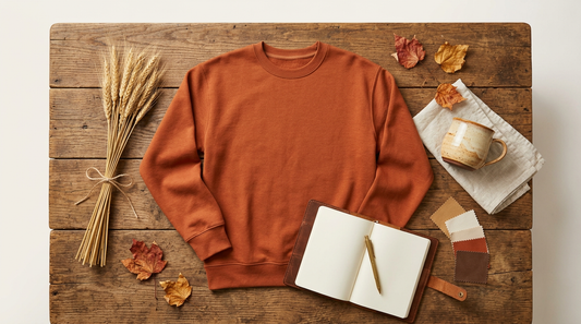 Blank autumn crewneck sweatshirt flat lay with fall props and a coffee mug for print on demand apparel planning.