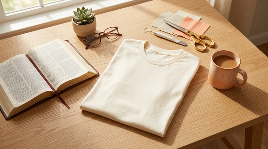 Cozy workspace flat lay with a blank neutral t-shirt, open Bible, and crafting tools on a wooden table.