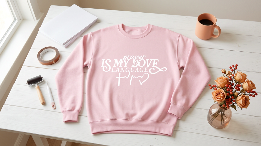 Cozy workspace featuring a pink sweatshirt with a Christian Valentine design, surrounded by sublimation tools and crafts.