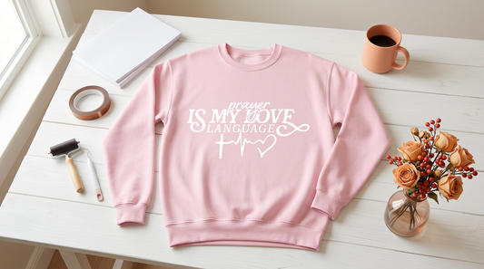 Cozy workspace featuring a pink sweatshirt with a Christian Valentine design, surrounded by sublimation tools and crafts.