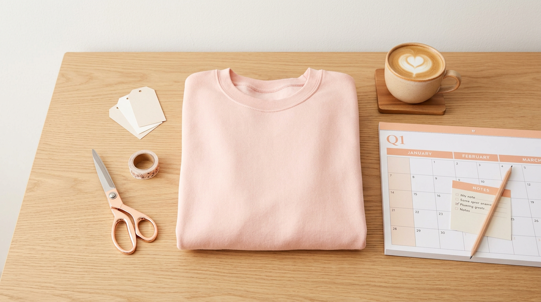 A clean workspace featuring a blank soft pink crewneck sweatshirt, a Q1 calendar, and crafting tools for POD planning.