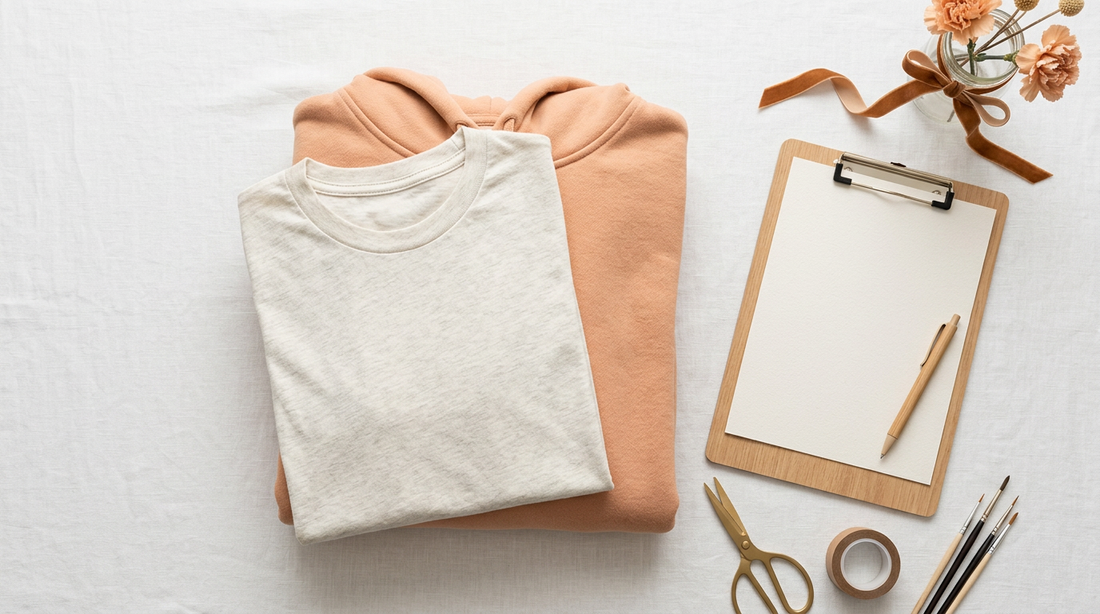 Blank t-shirts and hoodies arranged with a clipboard and crafting tools on a light neutral background.