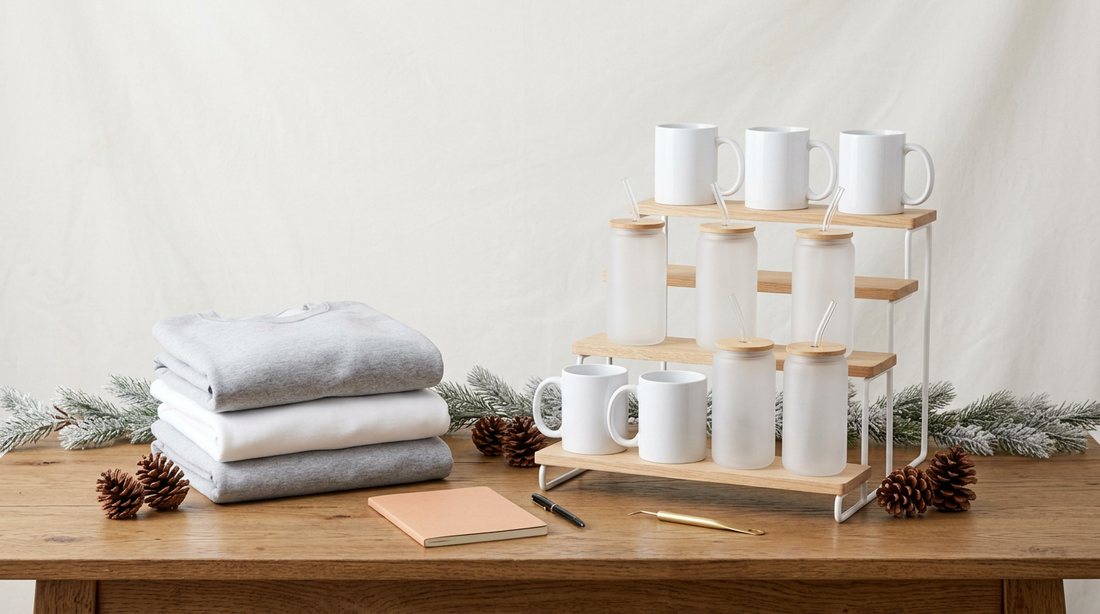 A well-organized craft fair booth display featuring blank holiday apparel, sublimation mugs, and festive winter props on a